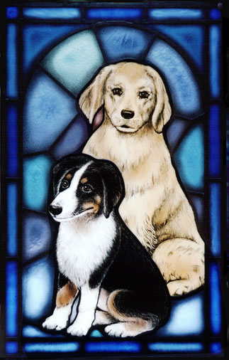 犬の絵付けステンドグラス アトラスとロビンのパネル Atlas Robin Stained Glass