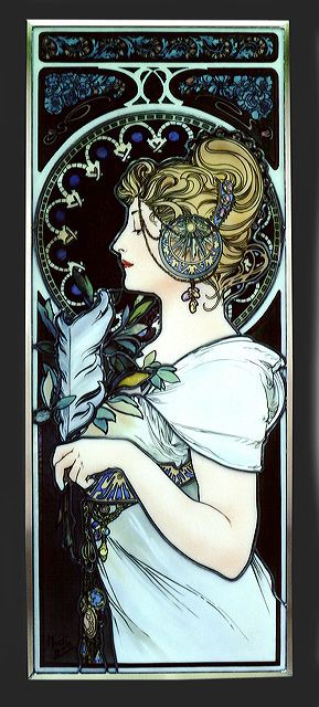 Mucha エナメル絵付けステンドグラス　Quill