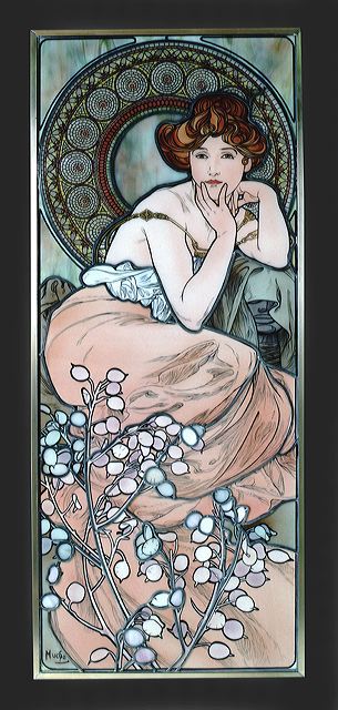 Mucha エナメル絵付けステンドグラス　Topaze