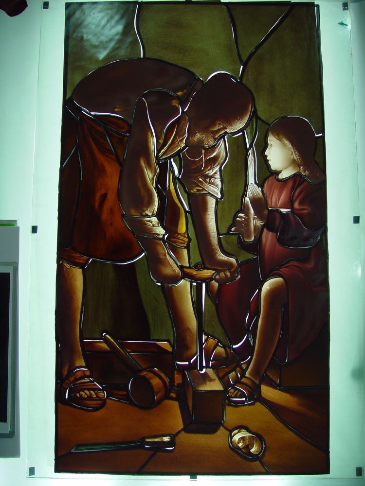 ラ・トゥール原画「大工の聖ヨセフ」 ステンドグラス・絵付けパネル 