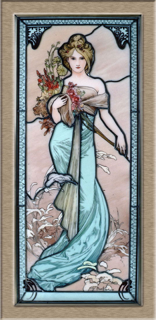 Mucha　春　(1900年)　 W320 x H730 家具のためのエナメル絵付けステンドグラスパネル オパールセントグラスを使用。