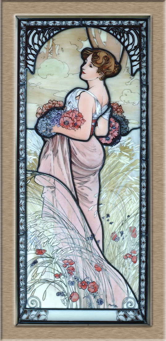 Mucha　夏　(1900年)　 W320 x H730 家具のためのエナメル絵付けステンドグラスパネル オパールセントグラスを使用。